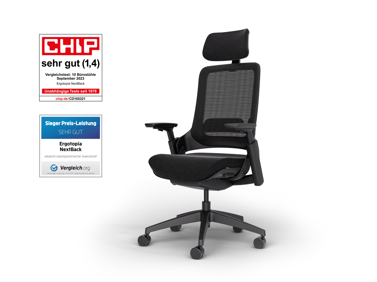 Ergotopia® NextBack ergonomischer Bürostuhl / Schreibtischstuhl inkl. verstellbarer Sitzfläche, Lordosenstütze, Armlehne...