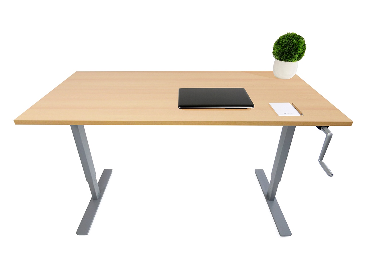 Desktopia Budget - höhenverstellbarer Schreibtisch mit Höhenverstellung per Kurbel (Buche, 160x80cm, Gestell Grau)