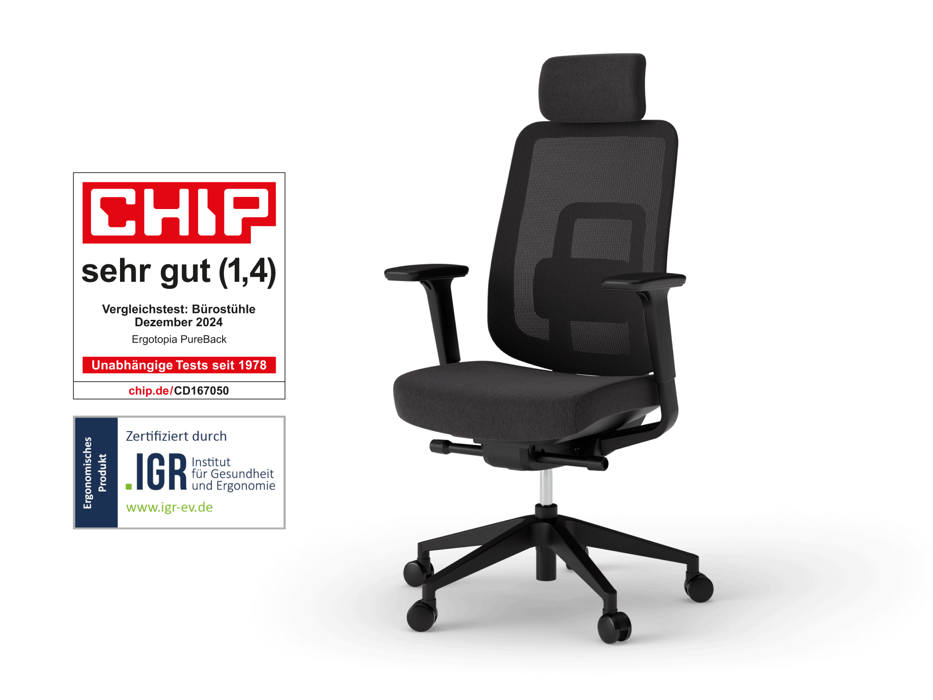 Ergotopia® PureBack ergonomischer Bürostuhl - Bequem und ergonomisch Sitzen zum Top-Preis mit Kopfstütze