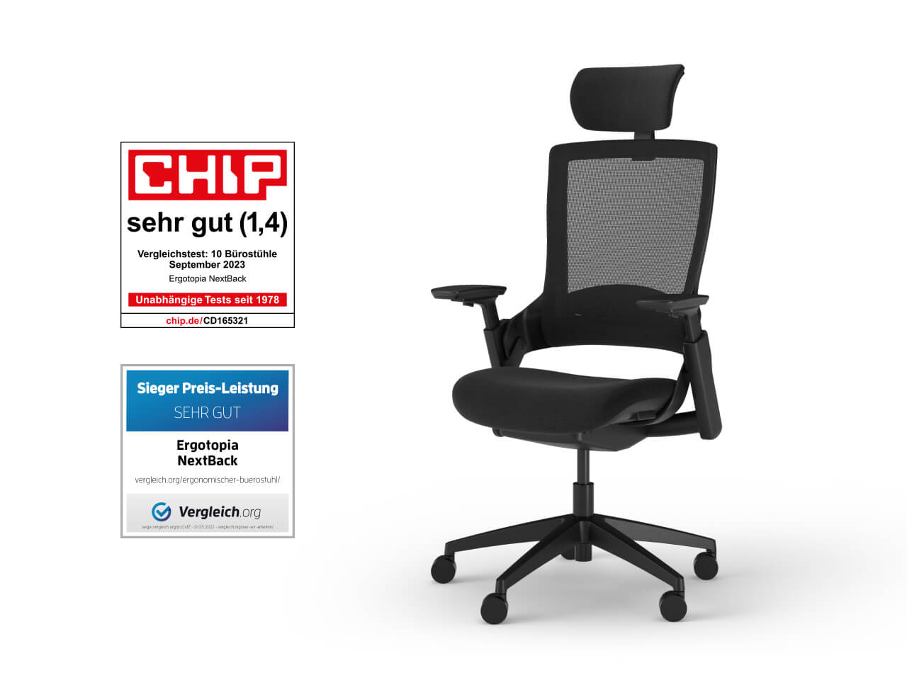 Ergotopia® NextBack ergonomischer Bürostuhl / Schreibtischstuhl inkl. verstellbarer Sitzfläche, Lordosenstütze, Armlehne...