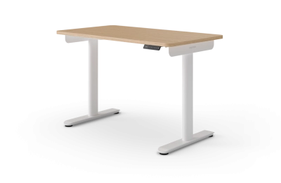 Elektrisch höhenverstellbarer Schreibtisch Desktopia One Preissieger mit weißem Gestell und heller Tischplatte