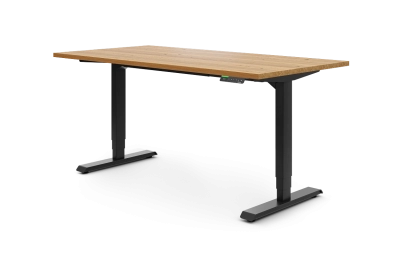 Elektrisch höhenverstellbarer Schreibtisch Desktopia Pro X Testsieger mit schwarzem Gestell und Holzplatte