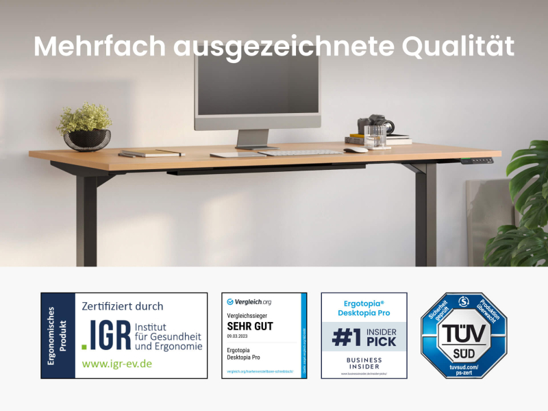 Höhenverstellbarer Schreibtisch mit TÜV-Zertifikat, IGR-Siegel und Business Insider Auszeichnung für ergonomische Qualität