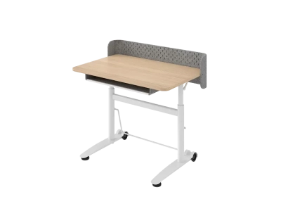 Mitwachsender, höhenverstellbarer Kinderschreibtisch Desktopia Kids in heller Holzoptik mit grauem Sichtschutz